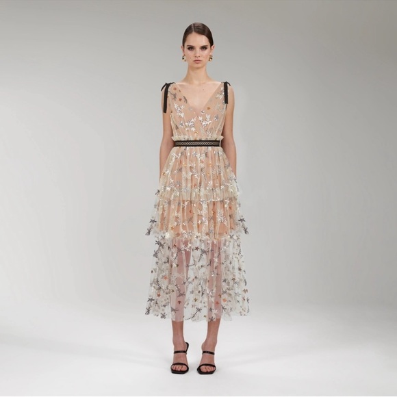 Self-Portrait Dresses & Skirts - Self-Portrait Nude Tulle Midi Dress with Silver Floral Embroidery